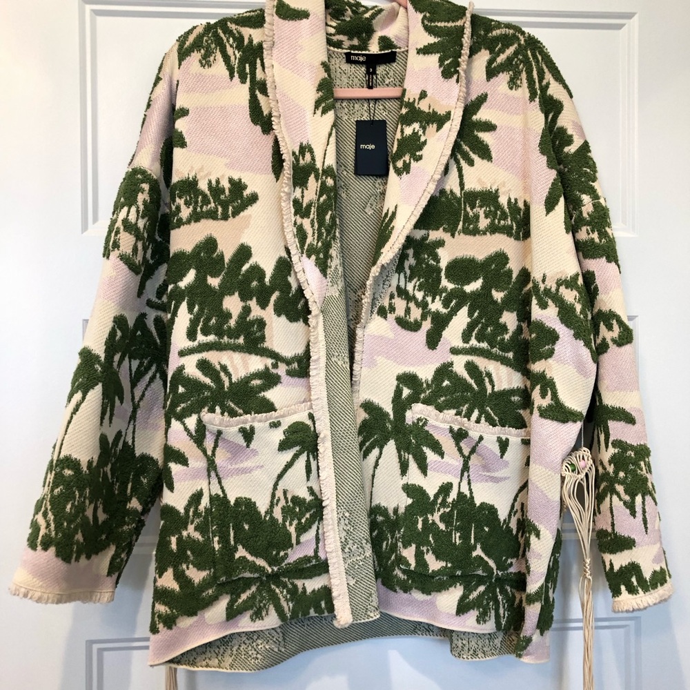 Maje Aloha Belted Cardigan Size 2 Medium Palm Tree Motifs - Picture 4 of 13
